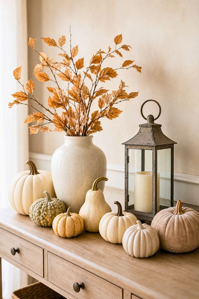 A neutral fall display of white pumpkins, ceramic pumpkins, velvet pumpkins, and gourds arranged on a console table.