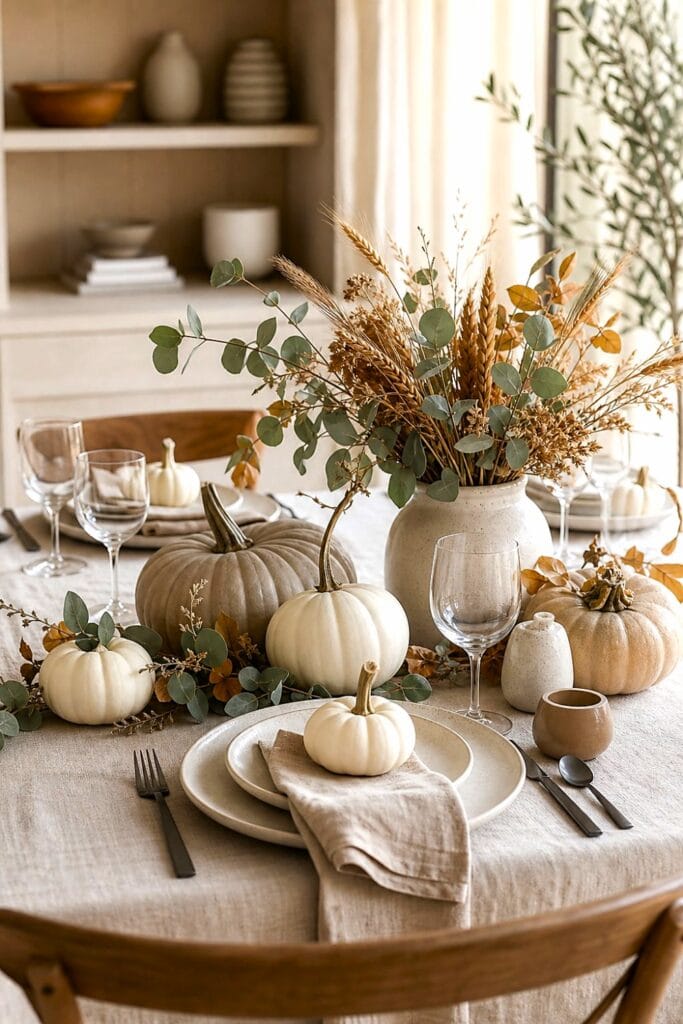 Neutral fall table setting with white pumpkins, beige linens, plates, glasses, and dried foliage.