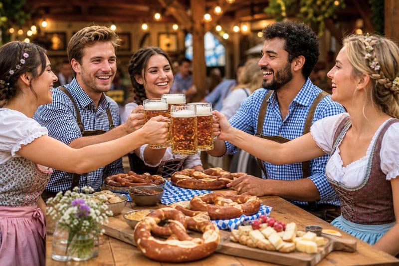 Adults in festive Bavarian-inspired clothing share pretzels and beer at a warmly lit Oktoberfest party.