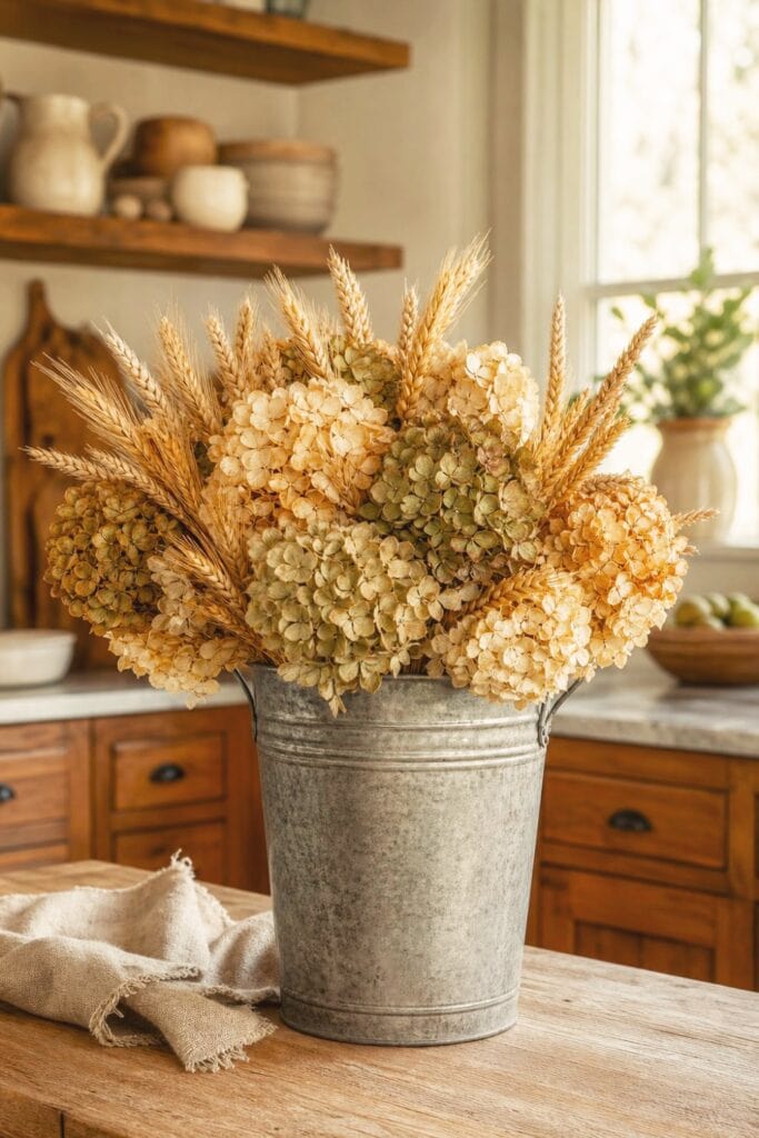 15 Farmhouse Fall Kitchen Decor Ideas 9 A galvanized bucket filled with dried hydrangeas and golden wheat sits on a farmhouse kitchen counter.