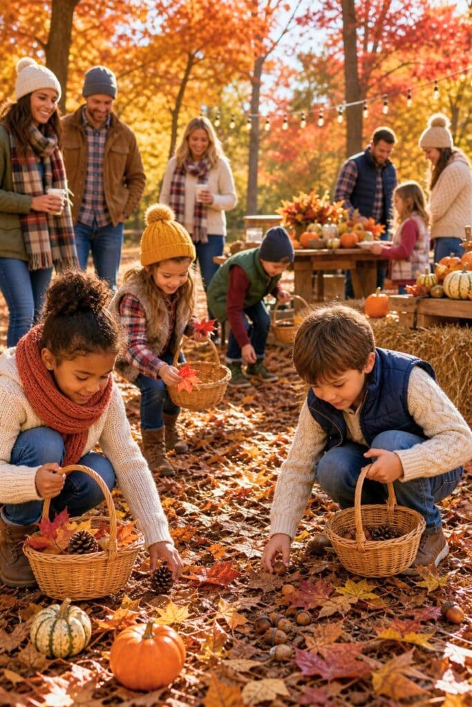 People enjoying a fall scavenger hunt outdoors among colorful autumn trees and scattered seasonal items.