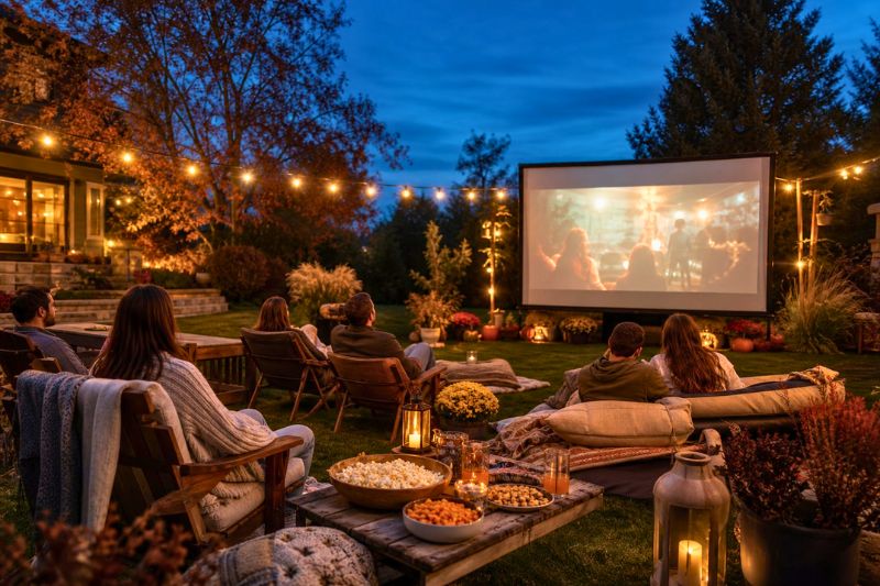 A group gathers outdoors on a lawn for a cozy evening movie night with seating, snacks, string lights, and a blank projection screen.