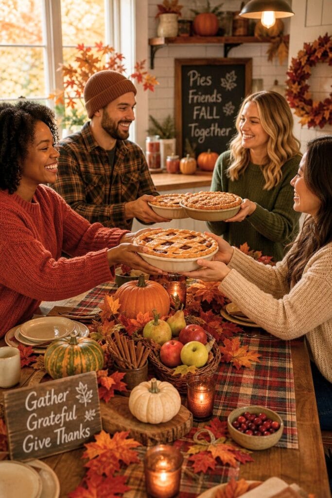 A group of friends exchanging freshly baked pies around a table decorated with autumn leaves and pumpkins.