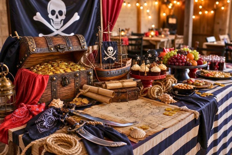 A pirate-themed party table decorated with treasure, nautical props, snacks, drinks, and warm autumn accents.