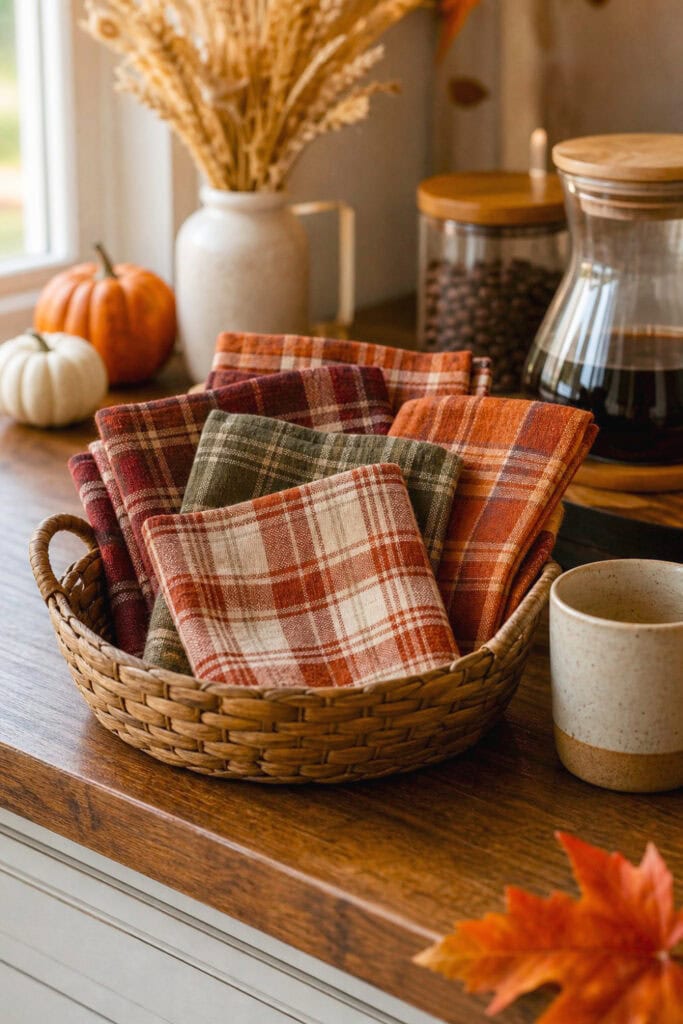 A basket of folded plaid flannel napkins sits on a cozy autumn coffee bar.