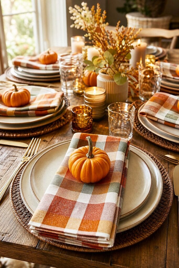 A fall dining table with plaid napkins and miniature pumpkins arranged as place-card holders.