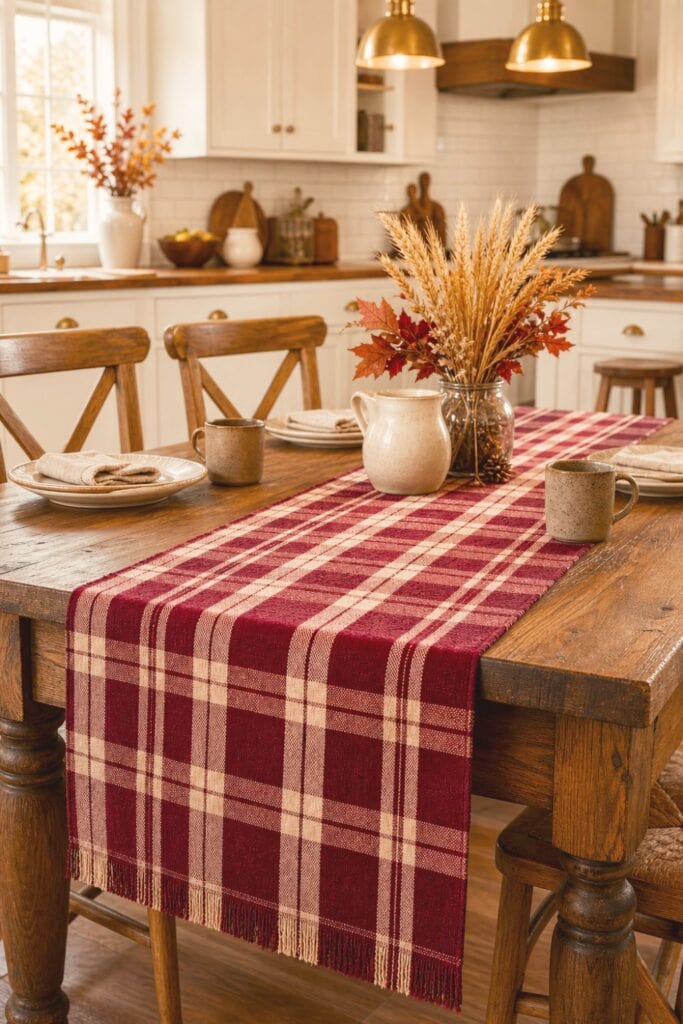 15 Farmhouse Fall Kitchen Decor Ideas 7 A burgundy and cream plaid runner decorates a rustic farmhouse breakfast table with simple autumn tableware.