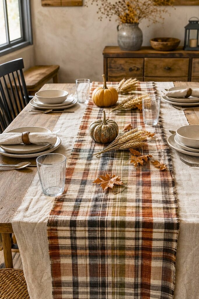A farmhouse dining table displays a plaid runner layered over natural linen with simple autumn decorations and place settings.