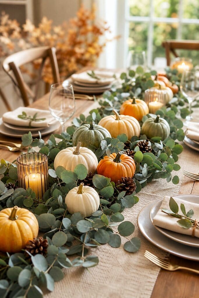 An autumn dining table decorated with an eucalyptus garland, small pumpkins, candles, and neutral place settings.