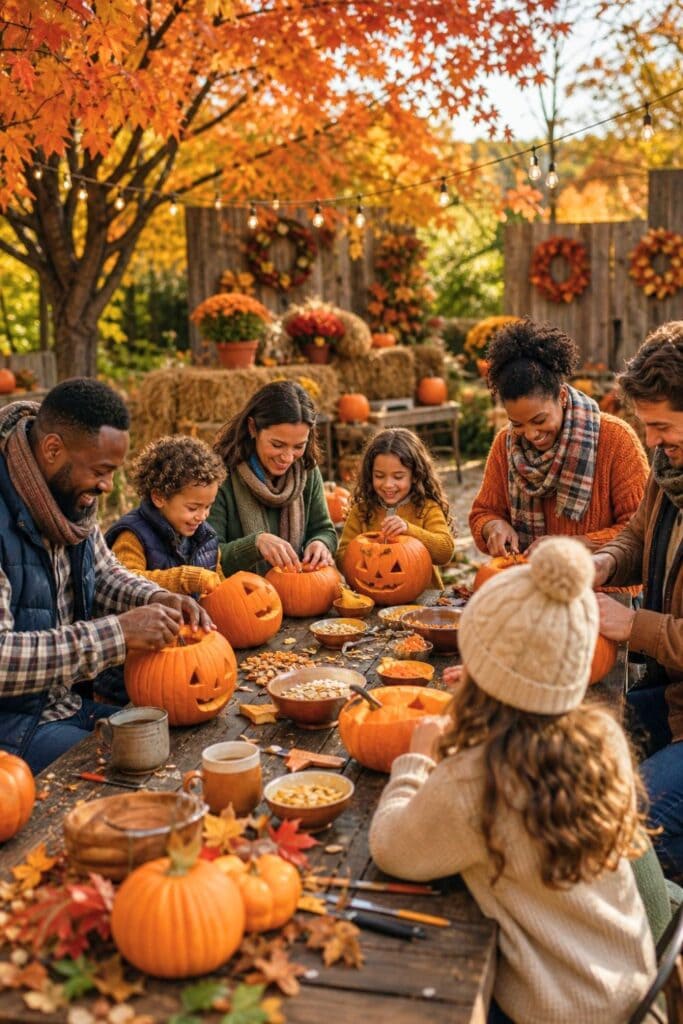 People carving pumpkins outdoors at a fall party surrounded by autumn leaves and decorations.