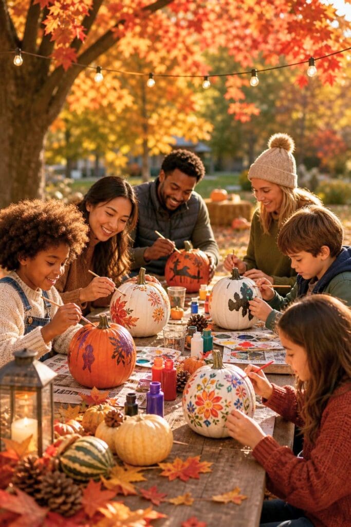 People gathered around a table outdoors painting pumpkins with colorful paints during a fall afternoon.