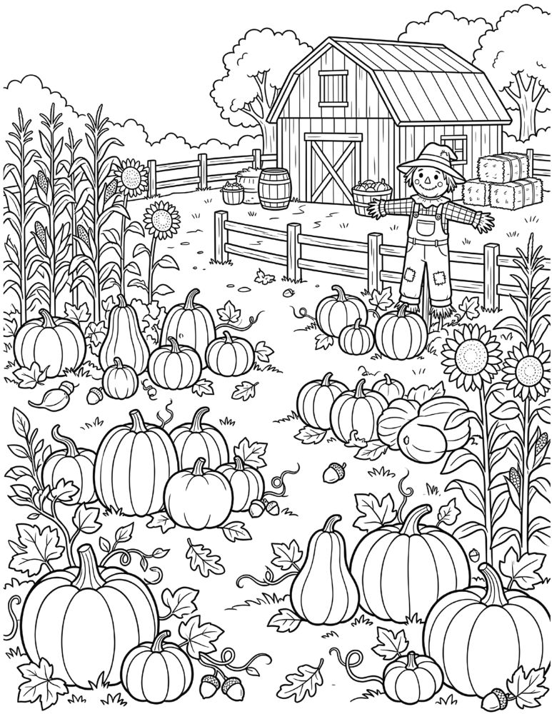 Autumn pumpkin patch with pumpkins, sunflowers, hay bales, corn stalks, a rustic barn, and falling leaves.