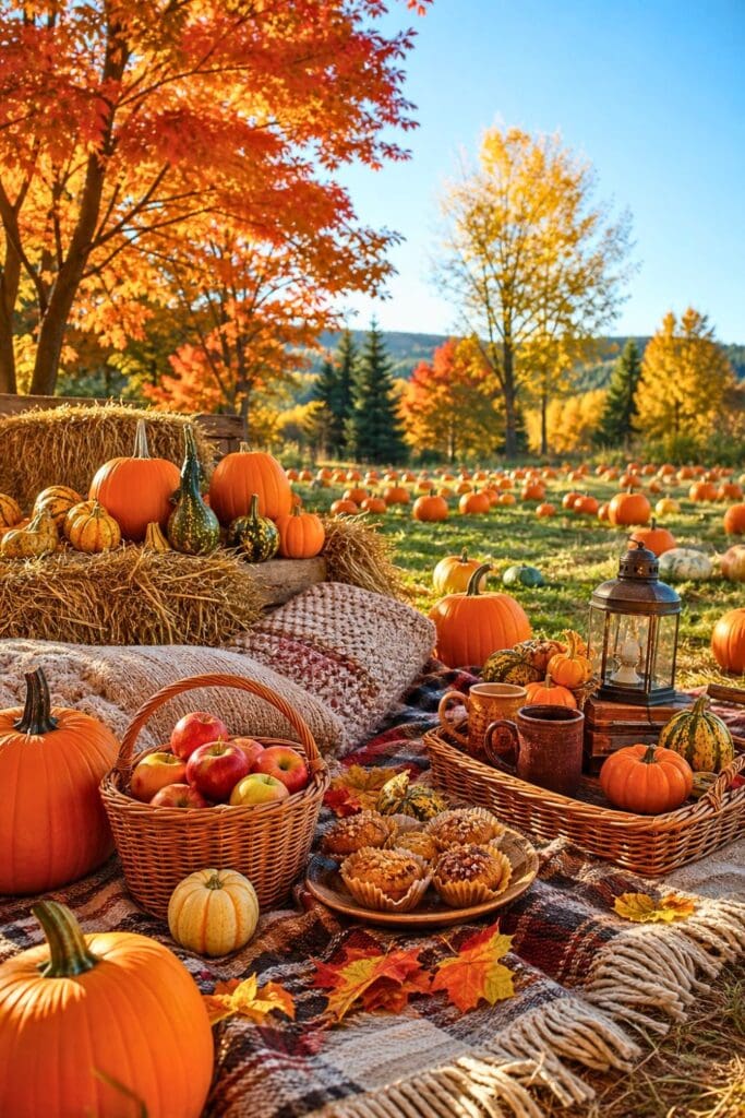 A picnic setup surrounded by pumpkins and autumn leaves in a pumpkin patch during fall.