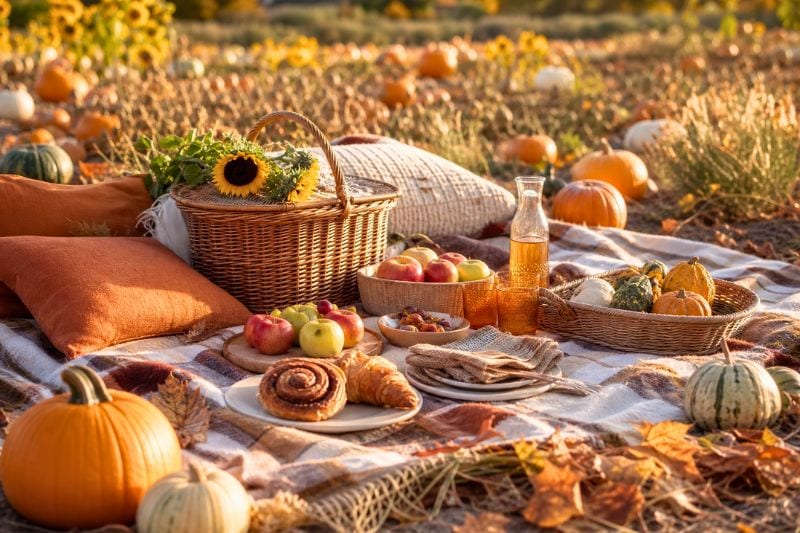 A cozy picnic arranged among pumpkins and autumn leaves in a sunny pumpkin patch.