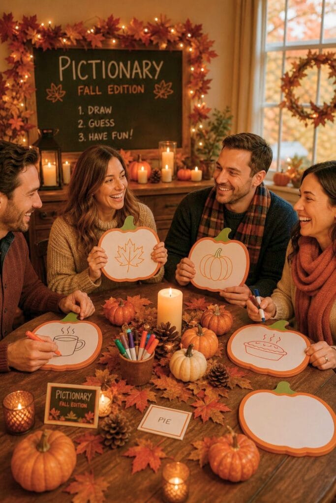 Adults sitting around a table playing a pumpkin-themed drawing game with fall decorations and warm lighting.