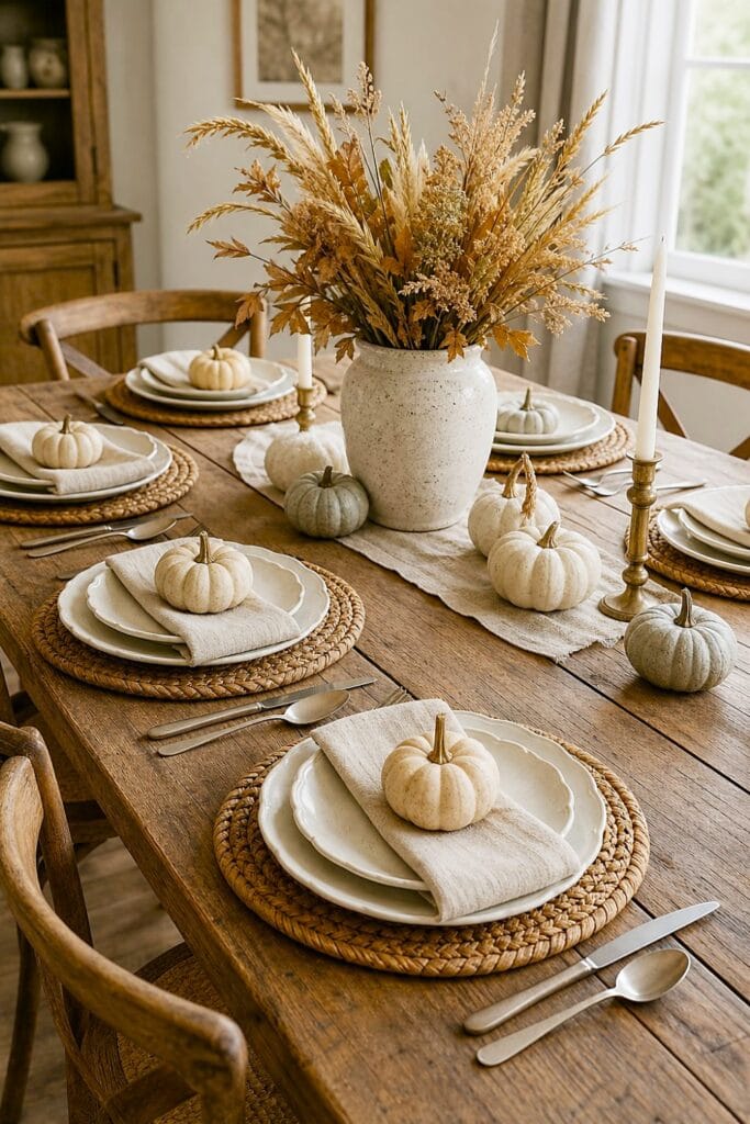A farmhouse dining table set with woven placemats, neutral pumpkins, plates, and linen napkins.