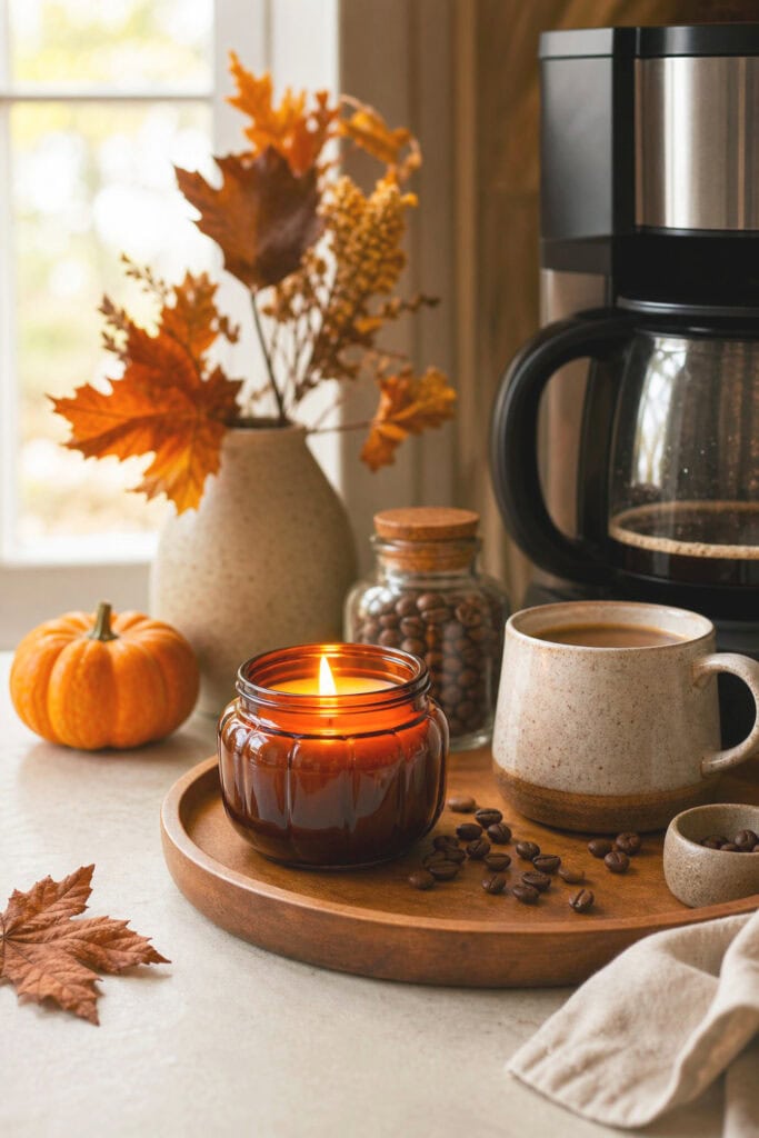 A pumpkin spice candle sits beside a neatly arranged home coffee station.