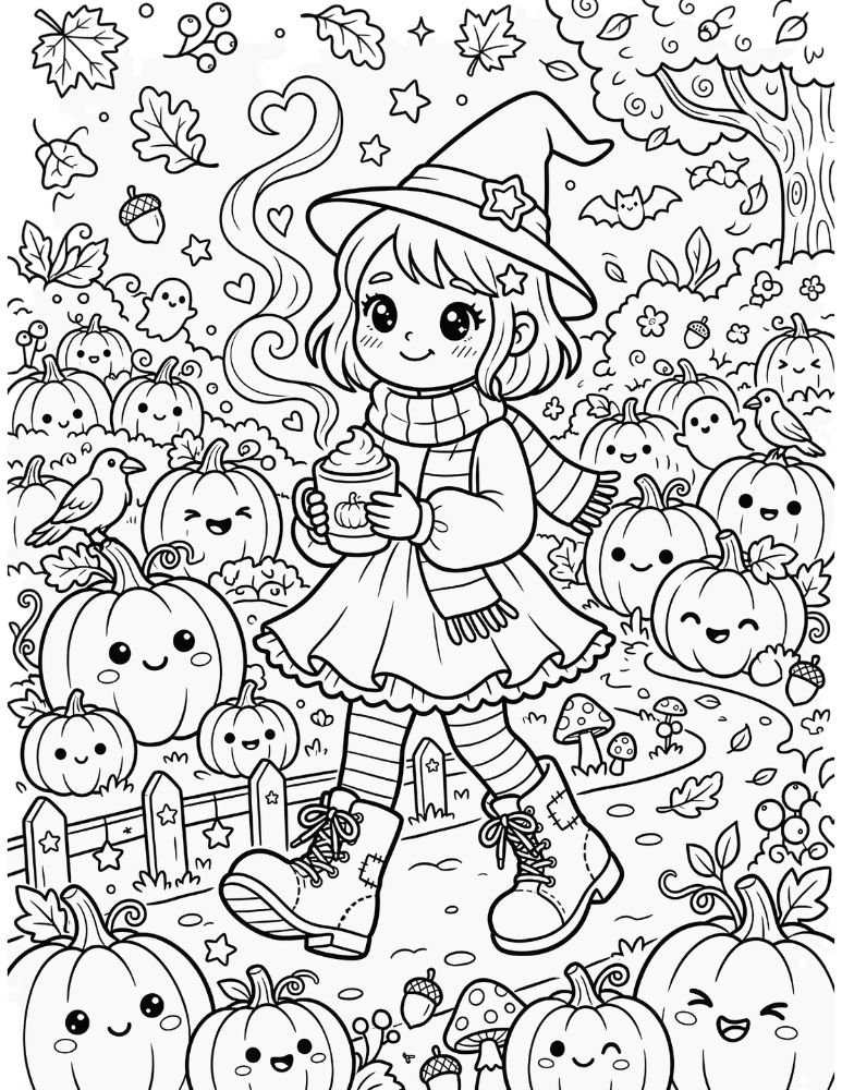 Cute witch holding a pumpkin spice latte in a pumpkin patch with autumn leaves, pumpkins, mushrooms, and Halloween decorations