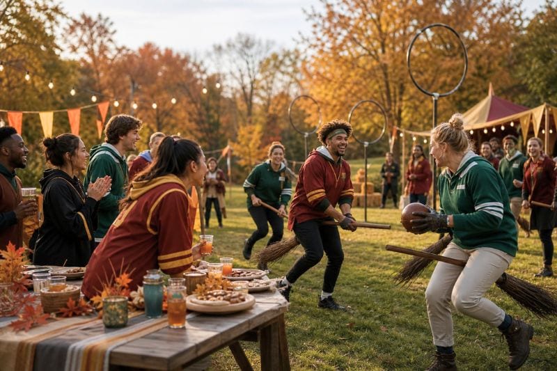 Friends enjoy a festive Quidditch-inspired tournament party outdoors on an autumn afternoon.