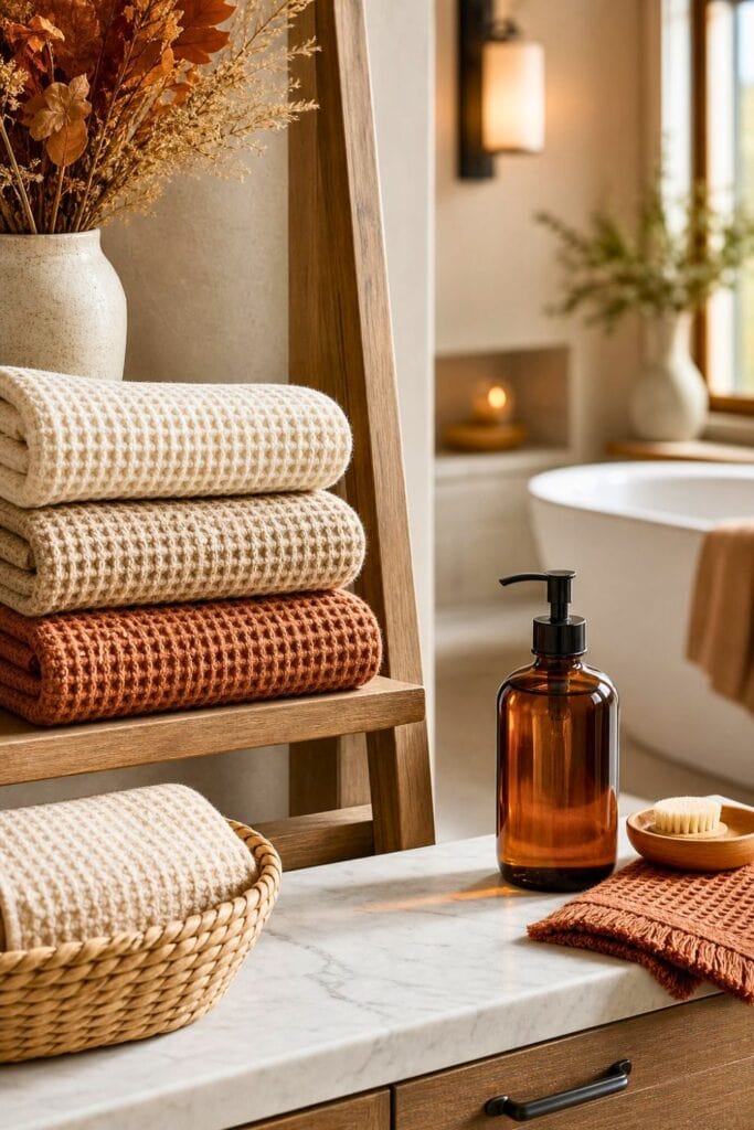 A warmly styled bathroom with folded waffle towels and an amber soap bottle on a light countertop.