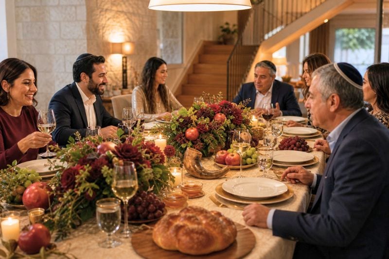 Guests gather around a festive Rosh Hashanah dinner table with apples, honey, pomegranate, and candles.