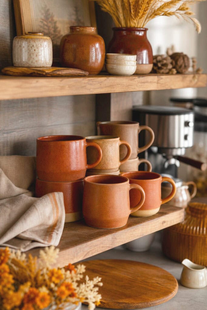 Rust-toned stoneware mugs arranged on a wooden coffee bar shelf with autumn accents.