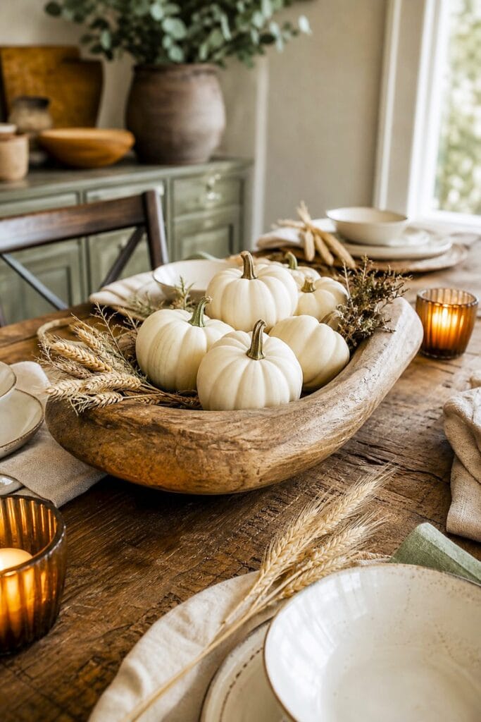 A wooden dough bowl filled with white mini pumpkins sits on a farmhouse dining table.