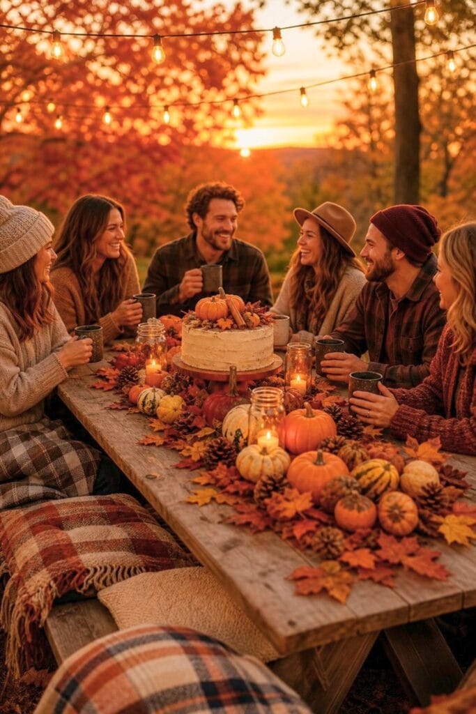 Outdoor rustic fall birthday party with decorated wooden table, pumpkins, autumn leaves, birthday cake, string lights, and people enjoying the celebration.