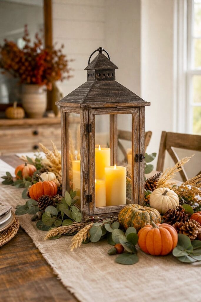 A rustic wooden lantern with glowing pillar candles surrounded by autumn decorations on a farmhouse dining table.