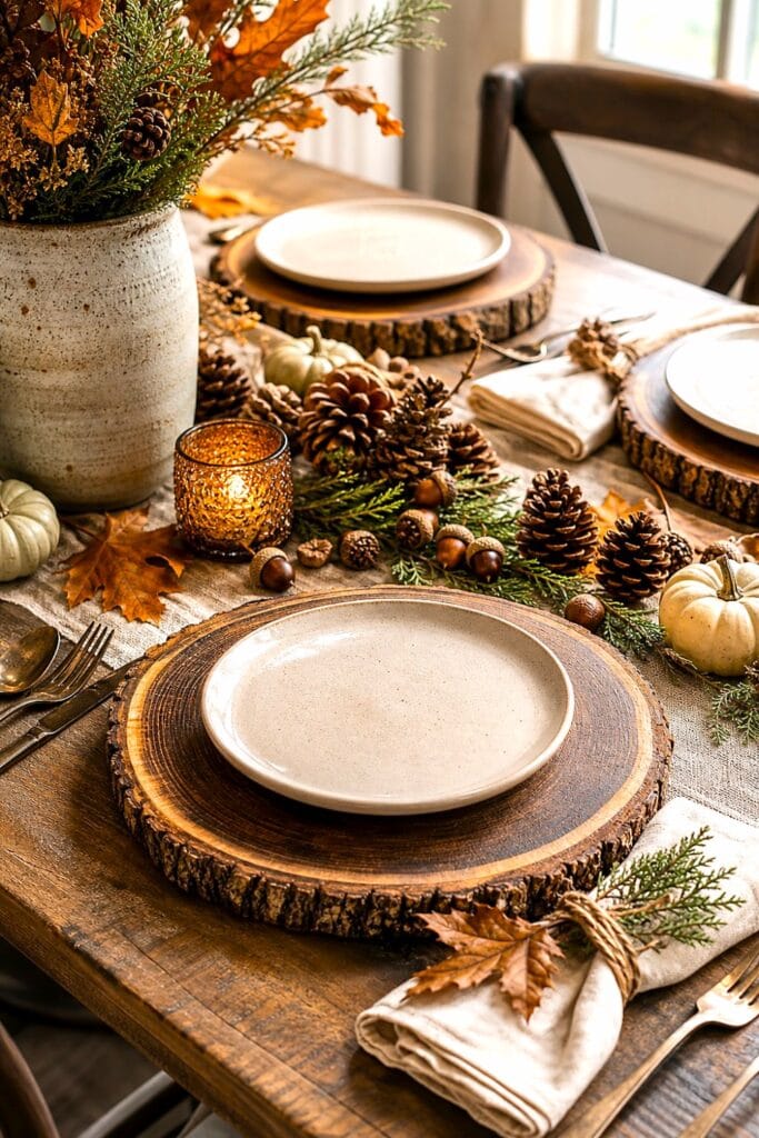 Rustic wooden chargers with acorns and pinecones arranged on an autumn dining table.
