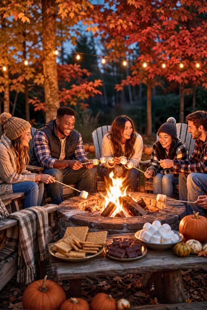 A group of friends sitting around a fire pit outdoors at night, roasting marshmallows and making s'mores surrounded by autumn leaves and pumpkins.