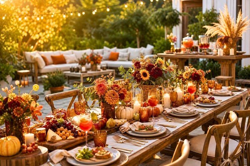 A warmly decorated early-autumn party table with seasonal flowers, food, drinks, candles, and cozy outdoor seating.