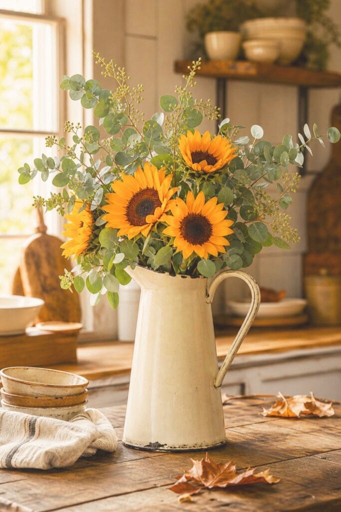 15 Farmhouse Fall Kitchen Decor Ideas 14 A vintage enamelware pitcher filled with sunflowers and eucalyptus stems sits on a farmhouse kitchen table.