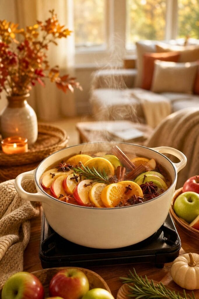 A simmering pot of apples, citrus slices, and autumn spices in a warmly decorated home.