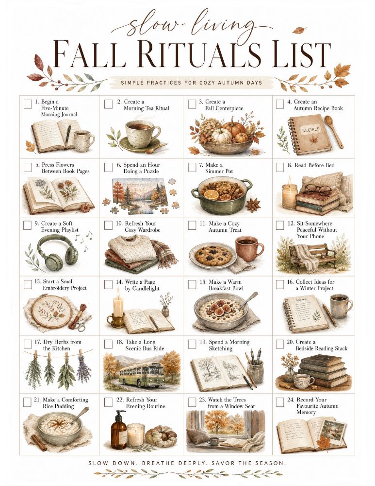 Slow Living Fall Rituals List with 24 gentle autumn practices, including morning journaling, a morning tea ritual, a fall centerpiece, an autumn recipe book, pressing flowers, making a simmer pot, reading before bed, creating an evening playlist, a cozy wardrobe refresh, making an autumn treat, sketching, a scenic bus ride, and watching trees from a window seat.
