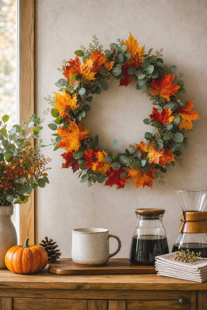 A small eucalyptus and maple leaf wreath decorates the wall above a cozy autumn coffee station.