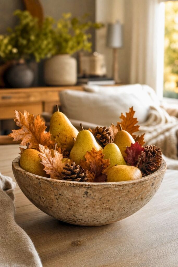 A stoneware bowl filled with pears, pinecones, and colorful oak leaves on a wooden surface.