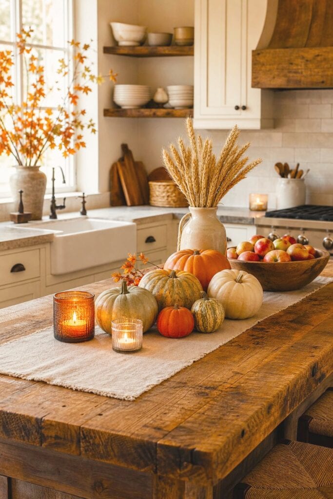 15 Farmhouse Fall Kitchen Decor Ideas 17 A warm farmhouse kitchen decorated with pumpkins, dried wheat, apples, and safely placed candles.