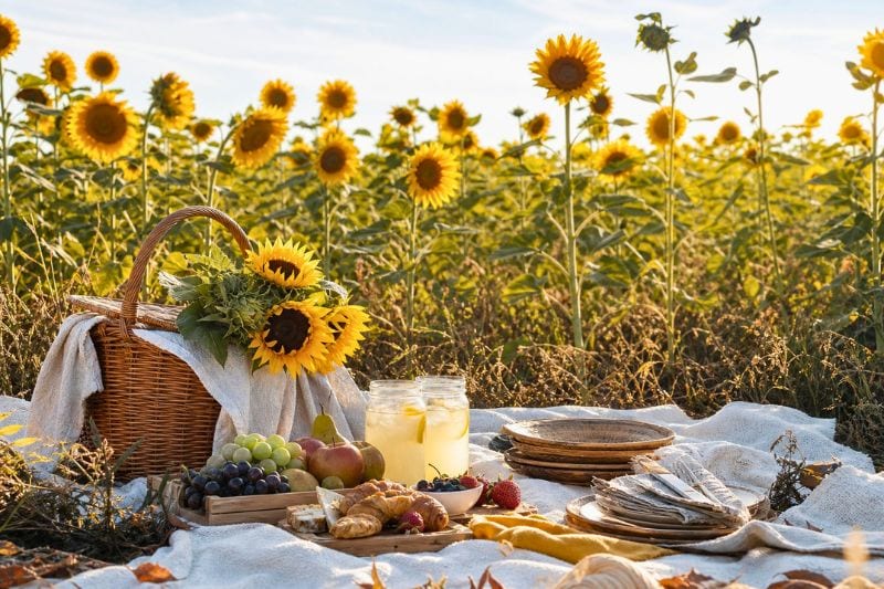 A picnic setup with fruit, lemonade, and a basket among blooming sunflowers.
