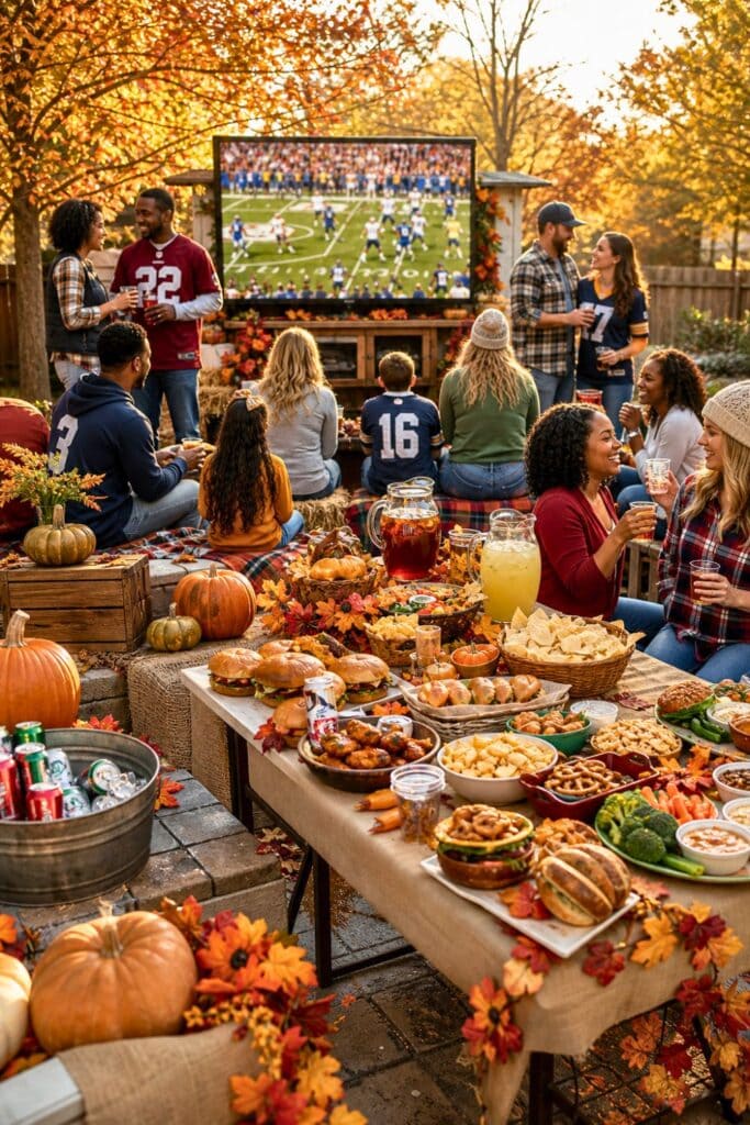 People enjoying a football watch party outdoors with fall decorations, food, and drinks.