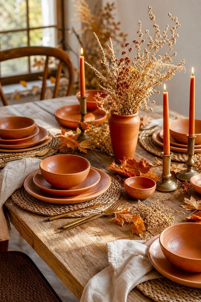A fall dining table set with terracotta plates, cinnamon-colored taper candles, linen napkins, and autumn accents.