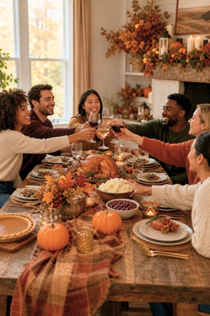 A group of friends happily gathered around a decorated table enjoying a fall-themed meal together.