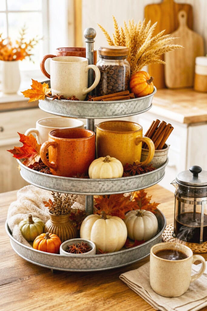 A three-tier galvanized metal tray styled with coffee items and autumn decorations.