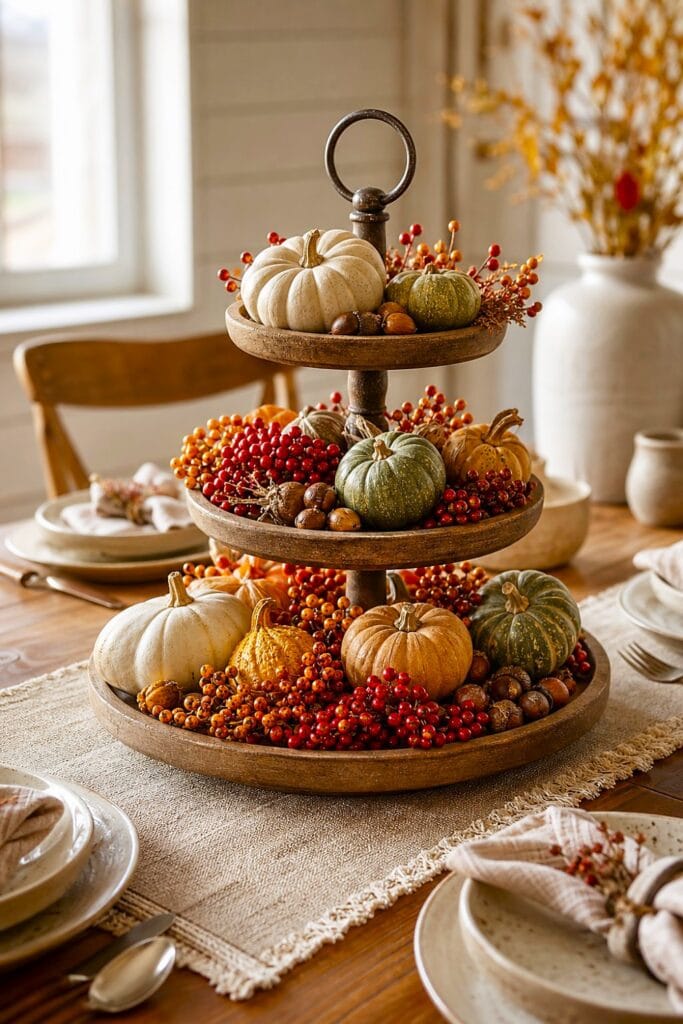 A tiered wooden tray filled with berries, acorns, and small gourds sits on a farmhouse dining table.