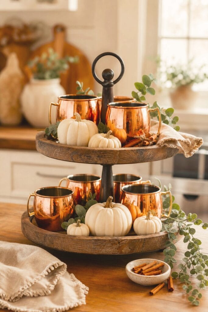 15 Farmhouse Fall Kitchen Decor Ideas 8 A two-tiered tray holding copper mugs and small white pumpkins on a kitchen counter.