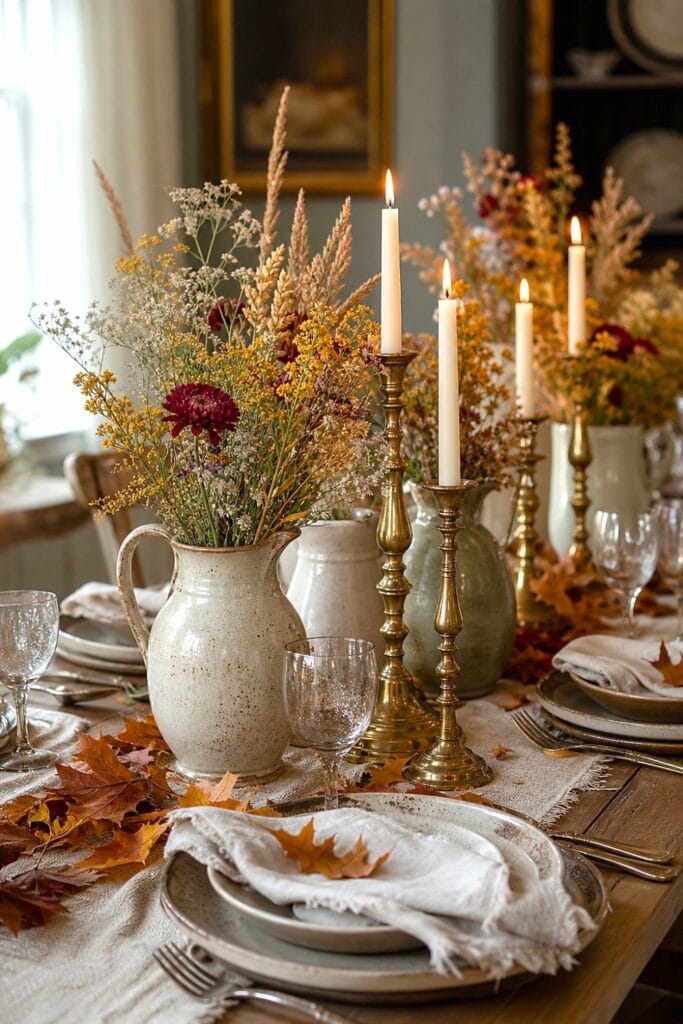 An autumn dining table decorated with vintage brass candlesticks and pitchers of wildflowers.