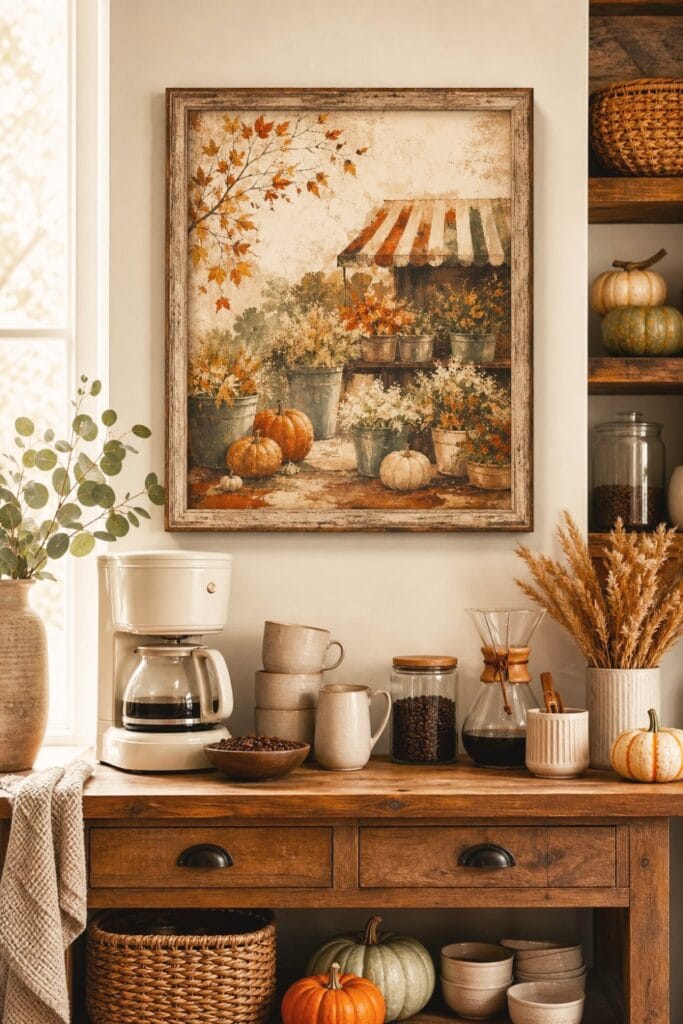 15 Farmhouse Fall Kitchen Decor Ideas 11 A cozy farmhouse kitchen coffee nook with a framed autumn market artwork above a small coffee station.