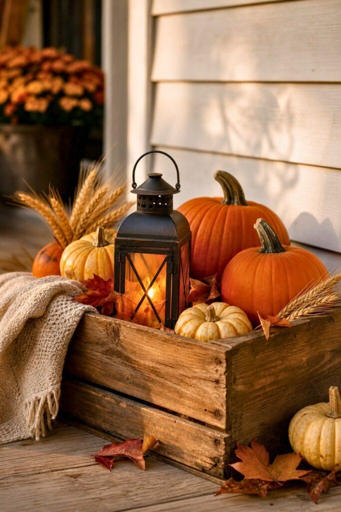 A vintage wooden crate filled with pumpkins sits beside a glowing lantern on a fall porch.