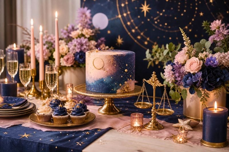 An elegant birthday table decorated with celestial details, a cake, flowers, drinks, and coordinated party treats.