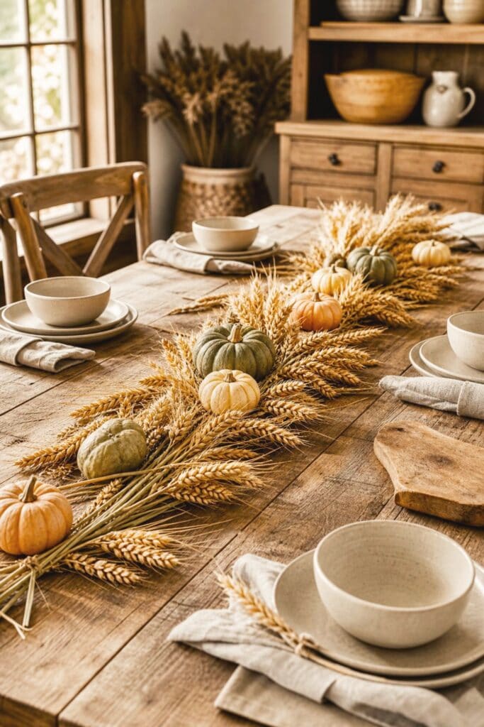 15 Farmhouse Fall Kitchen Decor Ideas 3 A weathered wood table decorated with wheat stalks and small pumpkins in a farmhouse kitchen.